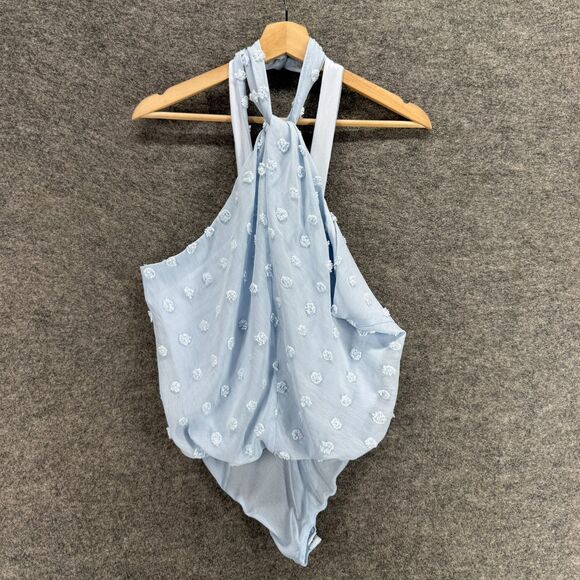 Lulus Bodysuit Women M Medium Blue Polka Dot Embroidered Sleeveless Halter Neck - Picture 1 of 5